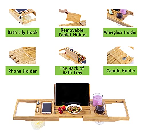 Utoplike Bamboo Bathtub Caddy Tray Bath Tray For Tub, Adjustable Bathroom Bathtub Organizer With Book Tablet Wine Glass Cup Towel Holder,Distinctive Gift (24.5"-37.4") #TOP2