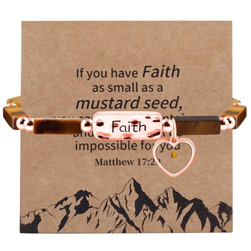 Image of Elastic Faith Bracelet for Women, Adjustable 7 inch Natural Stone Bracelet with Heart Mustard Seed Charm, Spiritual Christian Jewelry for Baptism, Graduation, Religious Celebration YA4856
