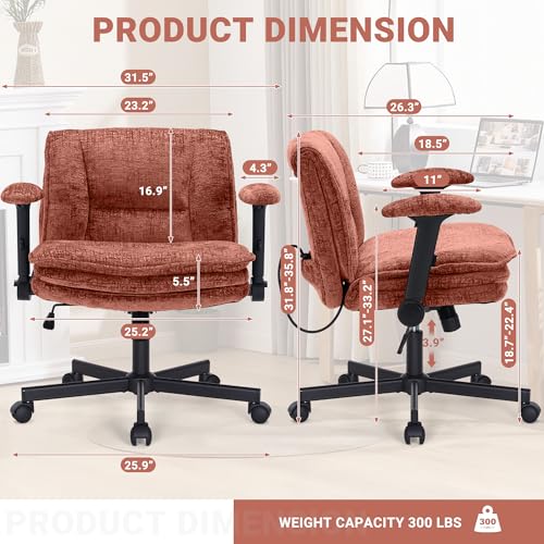 Image of Criss Cross Chair with Wheels and Flip Arms, Upholstered Cross Legged Office Chair with 3 Layer Cushions&Dynamic Airbag Lumbar Support, Wide Seat Comfy Desk Chair for Home Office, Living Room, Orange
