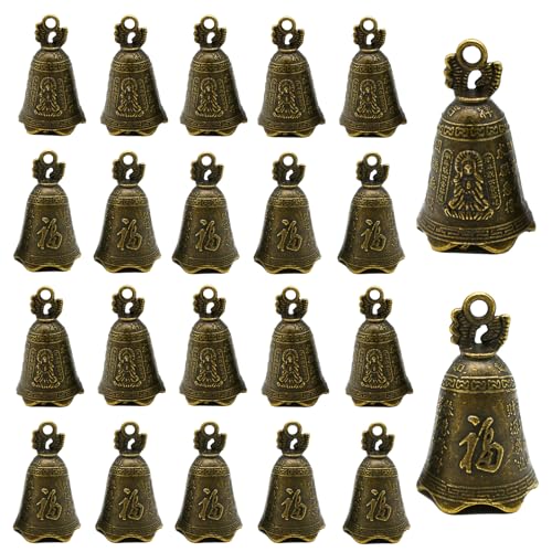 Pinenjoy 20Pcs Small Bronze Feng Shui Bell Vintage Buddhism Tinkle Bells Antique Chinese Pray Craft Bell for DIY Home Garden Door Hanging Wind Chimes Car Pet Collar Pendant