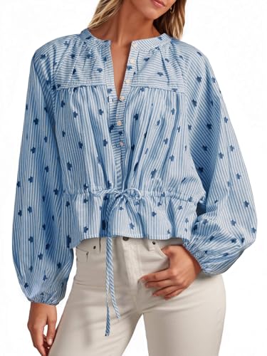 Tankaneo Womens Striped Cropped Button Down Shirts Puff Long Sleeve Peplum Tops Drawstring Waist Loose Fit Blouses