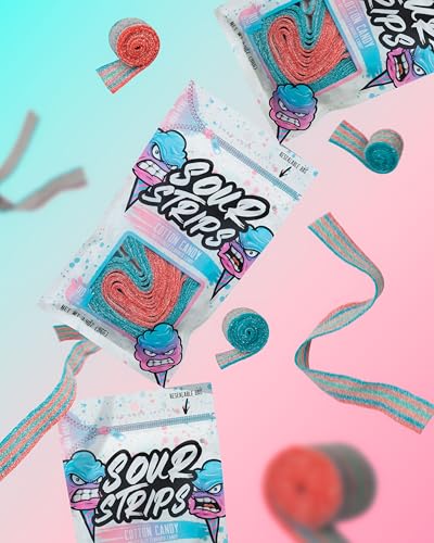 Sour Strips Sour Candy Belts, Cotton Candy, Resealable Candy Bags, 3.4 Ounce (Pack of 3)