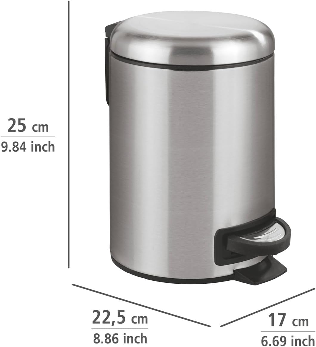 WENKO Small Trash Can with Lid and Pedal, Bathroom Garbage Can, Trash Bin with Removable Inner Bucket, Stainless Steel, Easy Close, 0.79 Gal, 9.84 x 8.86 x 6.69 in., Silver