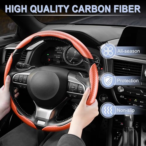 Image of Amiss 3pcs Carbon Fiber Anti-Skid Steering Wheel Cover, Waterproof & Segmented Butterfly Design, Universal 99% Vehicle Wheel Cover Protector, Car Interior Accessories (Orange-3pcs)