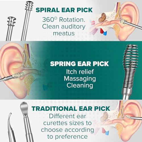 Image of Bennort 6 in 1 Ear Wax Removal and Cleaner Kit - Resuable Ear Pick Cleaning Tool with Storage Box,Stainless Steel Ear Pick Scoop,Spring,Spiral & Cleaning Brush,Ear Curette Kit for Adult & Kids, Silver