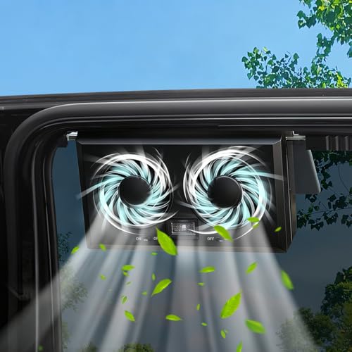EOHMAK Solar Exhaust Fan Car Solar Powered Exhaust Fans Auto Window Ventilation Fan with 2 Head Cooling Ventilator Cars Air Vent Cooler Ventilation System for Cars Vehicles Truck RV (Black)