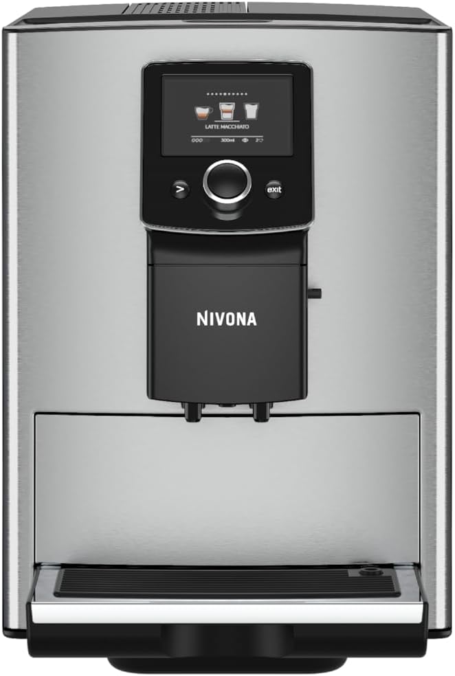 Nivona NICR 825 coffee machine dispensing a single latte macchiato into a glass cup