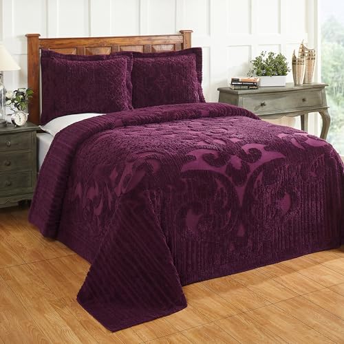 Better Trends Chenille Bedspreads King Size, Plum 100% Cotton Chenille