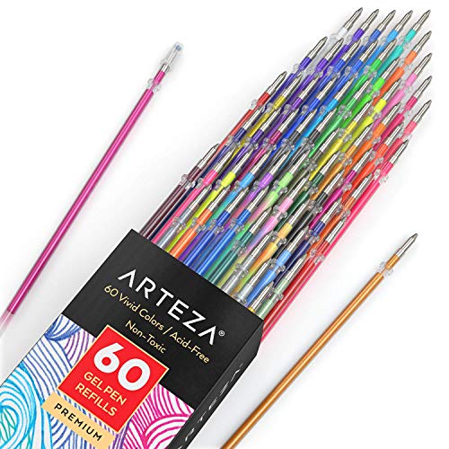 Arteza Gel Pens Ink Refills 60-Individual-Color-Bundle Acid-Free & Non-Toxic (0.8-1.0 mm Tips, Set of 60)