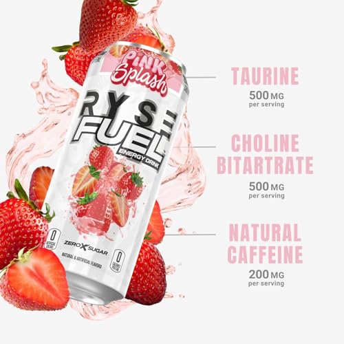 Image of RYSE Fuel Energy Drink - Pink Splash - Sugar Free, Gluten Free & Vegan - 200mg Natural Caffeine, Taurine & Choline for Focus & Energy - No Artificial Colors - 16 fl oz Cans (12-Pack)