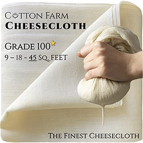 Cotton Farm Cheesecloth - Grade 100, 45 Square Feet (5 Sq. Yards), 100% Unbleached Ultra Fine Muslin Cloth Strainer, Best for Cheese Making, Cooking, Baking, Basting, Straining; Reusable and Washable