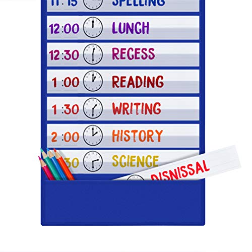Image of Scheduling Pocket Chart, 13+1 Pockert, Daily Class Schedule Pocket Chart with 18 Dry-Eraser Cards, Ideal for Classroom Office School Home Used, Over-door Mount (Blue)