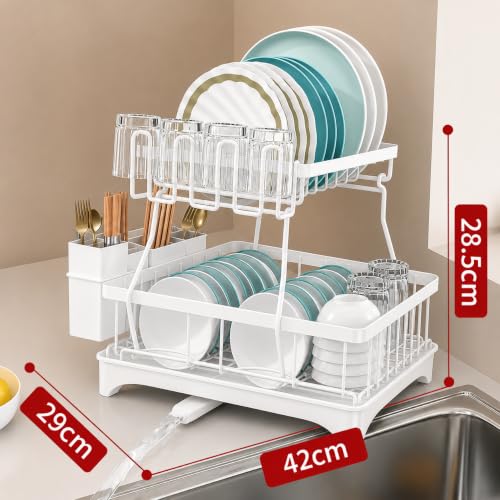 Image of HomeCloud 2-Tier Kitchen Dish Drying Rack & Drainer | Large Capacity Dish Stand with 360 Flexible Drainage System, Removable Drip Tray, Cutlery Holder & Cup Organizer for Countertop (White)
