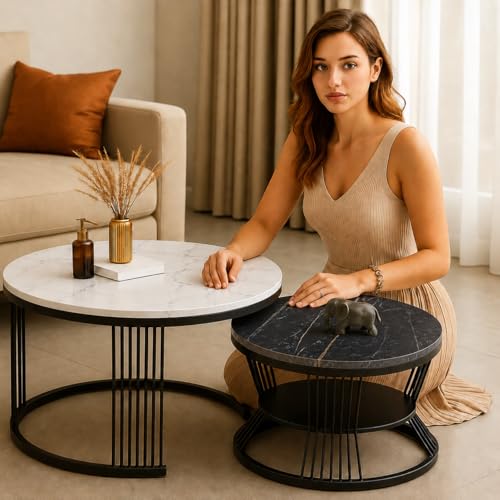 Image of Brown Art SHOPPEE Round Coffee Table Home Decor Furniture Coffee Table Sets,2 Piece MDF Top,Stacking Nesting Table with Iron Frame for Living Room Living Room or Lounge (Black Mix)