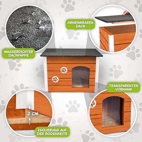 Outentin Hundehütte Outdoor Winterfest - Hundehaus für Mittelgroße Hund - Isoliert und Wetterfest - Hunde Haus für Draußen mit zum Öffnen Flachdach - Stabile und Moderne Villa - 76 x 60 x 60cm - Teak