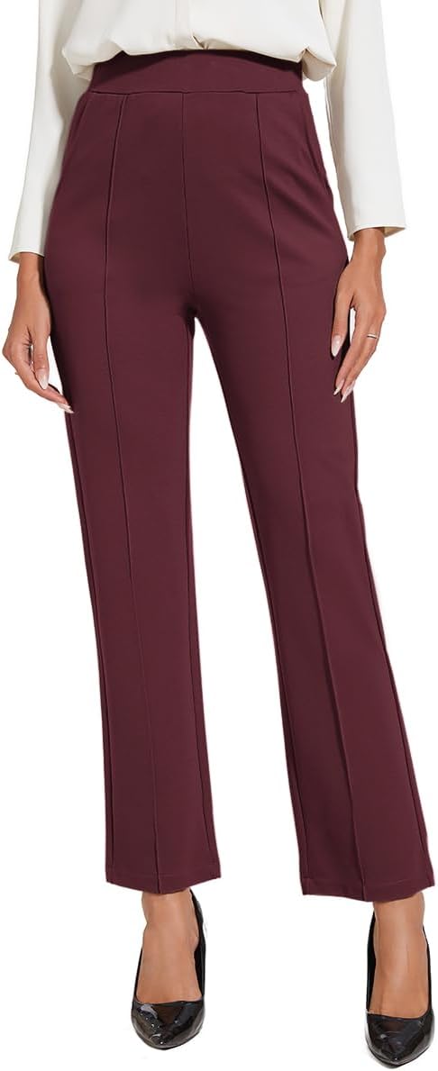 Women's Classic Stretchy Pull On High Rise Pants Straight Leg Slacks - Image 4