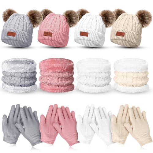 4 Sets Kids Hat Gloves Scarf Winter Sets for Girls Boys Knit Hat Scarf Snow Gloves Outdoor Aged 3 to 10