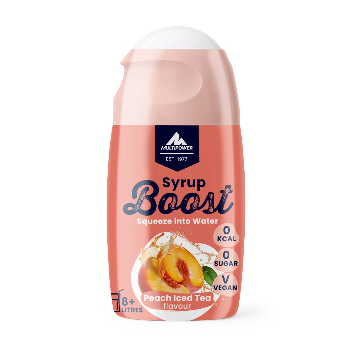 Multipower Syrup Boost Eistee Pfirsich (65 ml) – veganer, zuckerfreier Sirup für bis zu 8 L Wasser mit Geschmack – kalorienarmes Getränkekonzentrat