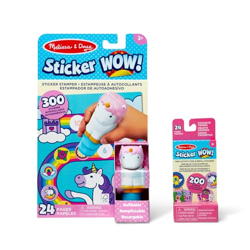 Melissa & Doug - Sticker Wow! Estampador de Pegatinas Infantiles con Forma de Unicornio: Cuaderno 24 Páginas Fantasía, 300 Stickers Infantiles + Mini Bloc y Recarga (200), 6075500, Manualidades Niñas