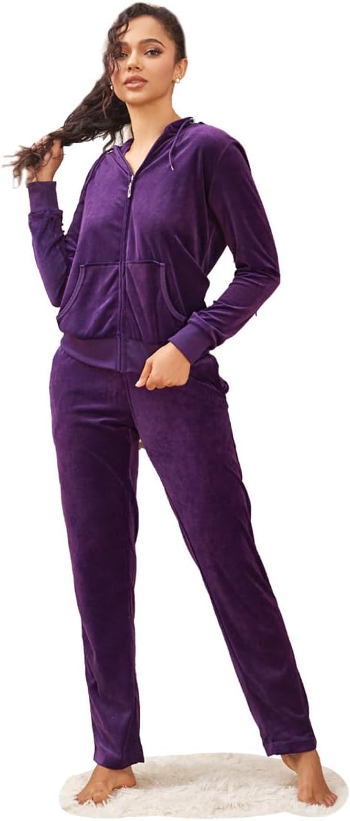 LeeHanTon Velour Tracksuit Womens Sweatsuit Set - Athletic Zip Up Hoodies and Sweatpants Outfits with Stripes