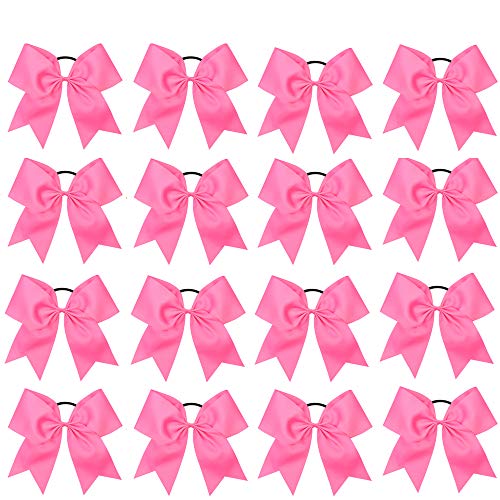 16PCS 8 Large Cheer Hair Bows Ponytail Holder Elastic Band Handmade for Cheerleading Teen Girls College Sports (Hot Pink 1 Count (Pack of 16))