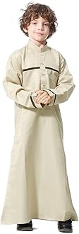 IMEKIS Kids Thobe for Muslim Boys Arab Tobes Long Sleeve Kaftan Embroidered Robe with Pockets Islamic Arabic Abaya Clothes