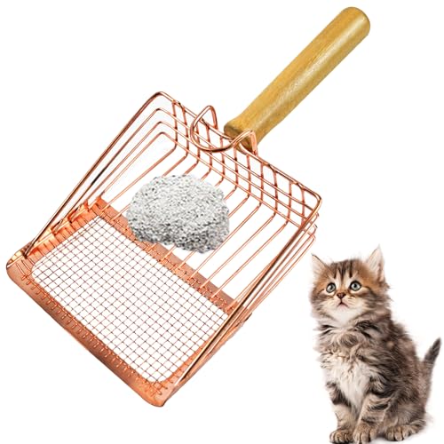 Image of Metal Kitty Litter Scoop,Fast Sifting Litter Scooper for Cats,Cat Poop Scooper with Wood Handle & Hook Rose Gold Solid Two Mesh Kitten Deep Shovel