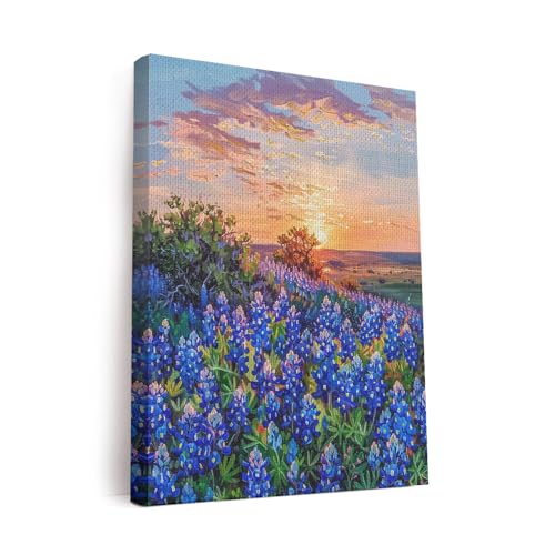 Elivita Bluebonnets At Sunset Design 3 Wall Decor Canvas Art Print Home Decor Pictures Poster for Bedroom Living Room Bathroom Office With Framed Ready to Hang