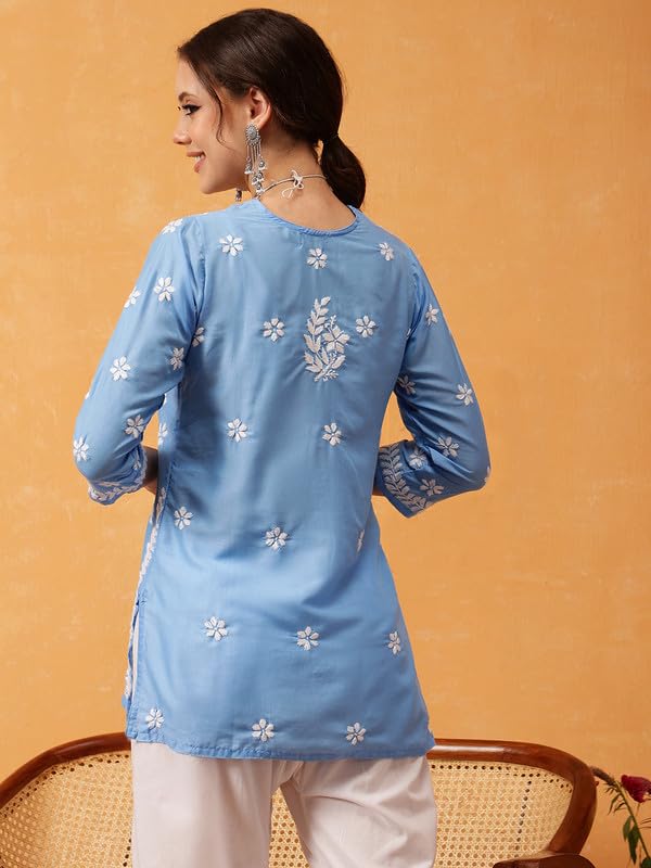 Image of Ada Women's Muslin Straight Fit Tunic Hand Embroidered Lucknowi Chikankari Straight Top Short Kurti A911420