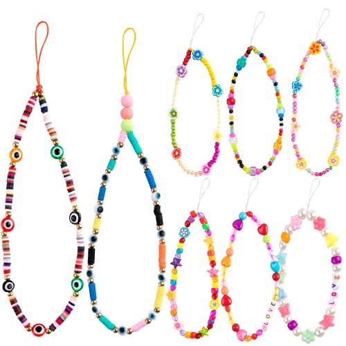 WXJ13 8 Pieces Beaded Phone Lanyard Beaded Phone Strap Beaded Phone Lanyard Wrist Strap Rainbow Acrylic Bead Cell Phone Lanyard Colorful Bead Phone Charm for Phone Key Purses