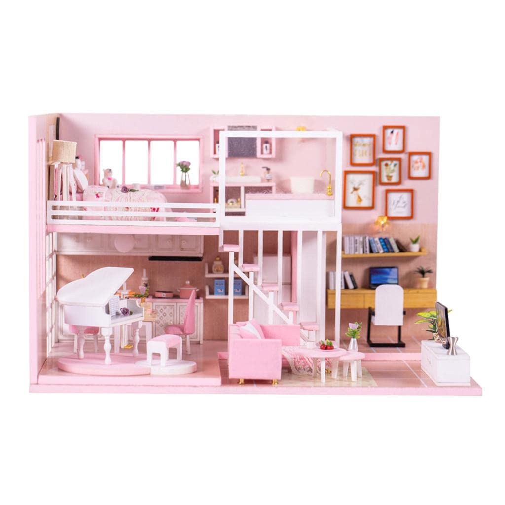 Milageto Casa delle Bambole in Legno + con Mobili per La Stanza, Luci a Altri Accessori, Stile 1