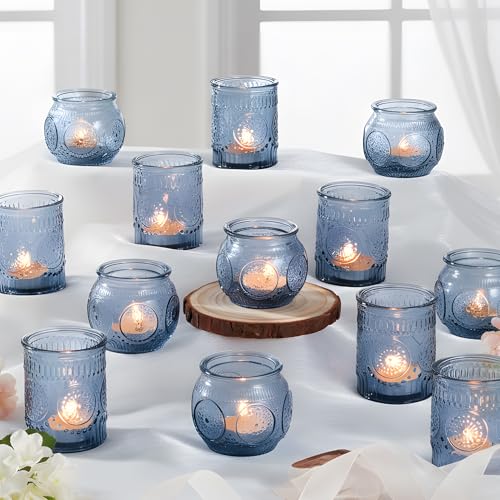 Ligtmor 24 suportes de velas vintage azuis, vários suportes de vela de vidro para decoração de festas ou casamentos, porta-velas (24, azuis)
