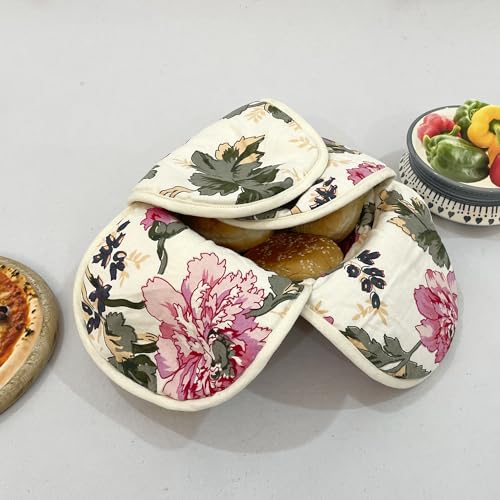Image of Swayam 100% Cotton Cloth Roti Casserole | Hot Chapati Box | Washable Bread Basket | 22 cm Round Roti Basket | Floral Design - Cream & Pink