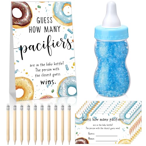 Image of Roowest 512 Pcs Baby Shower Games Guess How Many Pacifiers Sign 100 Small Guessing Games 10 HB Pencils 750ml Milk Bottle 400 Acrylic Pacifiers Decoration for Guest Gender Reveal (Blue,Donut)
