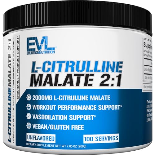 Image of Evlution Nutrition L-Citrulline Malate 2:1-200mg L-Citrulline Malate - Workout Performance Support - Vasodilation Support - Dietary Supplement - Vegan & Gluten Free - 100 Servings - Unflavored