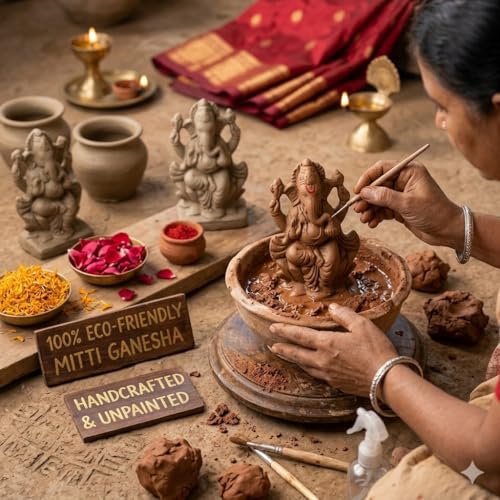 Image of SAUDEEP INDIA 8 Inch Mitti Ganesh Idol | Eco-Friendly Handcrafted Mud /Clay Ganesh Murti | Ganpati Figurine for Ganesh Chaturthi Visarjan | Biodegradable Mukut Ganesha Statue(Export Quality)