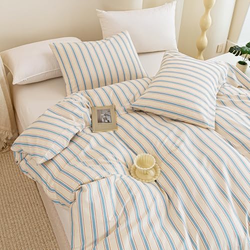 Image of ECOCOTT Striped Duvet Cover King Size, 100% Washed Cotton Linen Feel Bedding Set, Blue Brown Pinstripe Comforter Cover with Zipper Closure & Corner Ties