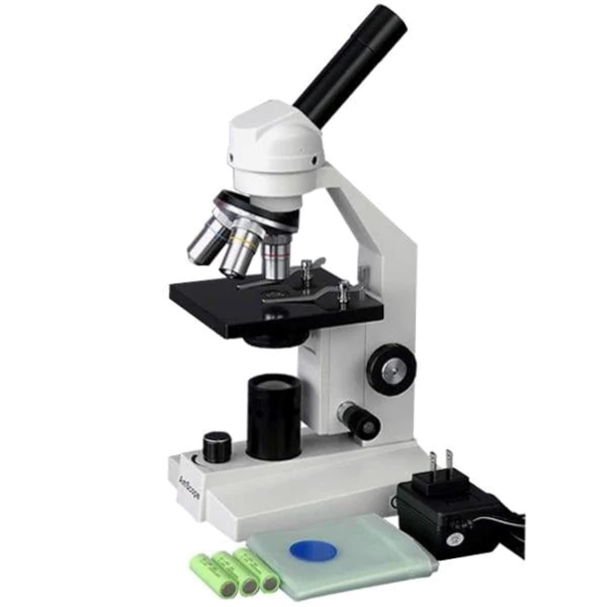AmScope M200-LED Cordless Monocular Compound Microscope, WF10x Eyepiece, 40x-400x Magnification, LED Illumination, Brightfield, Single-Lens Condenser, Coarse and Fine Focus, Plain Stage, 110V or Cordless Operation