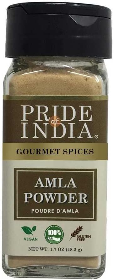 Pride of India – Amla Powder – Gourmet Spice – Tangy & Savory – Pure Indian Gooseberry Ground – Antioxidant Rich – GMO/Gluten Free – Easy to Use – 1.7 oz. Small Dual Sifter Bottle