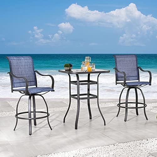 Festival Depot 3 Pcs Patio Bistro Set 360° Swivel Chairs with Bar Height Table with Tempered Glass Top Outdoor Furniture for Deck (Blue)