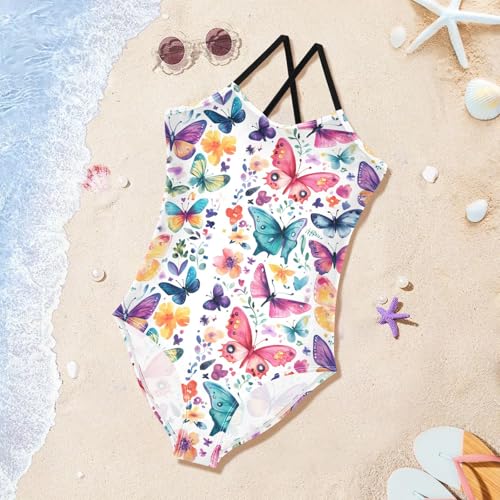 Colorful Butterflies Girls Swimsuits Quick Dry Crossback One Piece Beach Swimwear Bathing Suit3