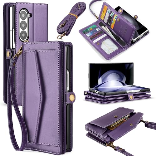 DKDKSIP for Samsung Galaxy Z Fold 3 Wallet Case for Women 【S Pen Holder】, RFID Blocking Card Holder, PU Leather Flip Phone Case with Crossbody Strap Wristlet Kickstand for Galaxy Z Fold 3, Purple