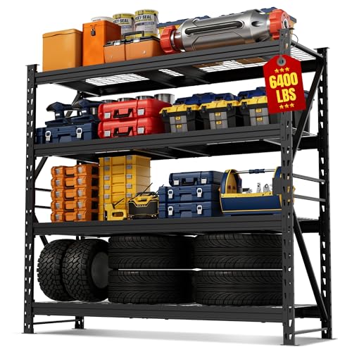 WORKPRO 77" Extra-Width Garage Shelving Units, 6400LBS Heavy Duty Utility Shelves, 4 Tier Industrial Adjustable Metal Storage Rack for Warehouse Shop Basement Organizers, 77”W x 24”D x 72”H