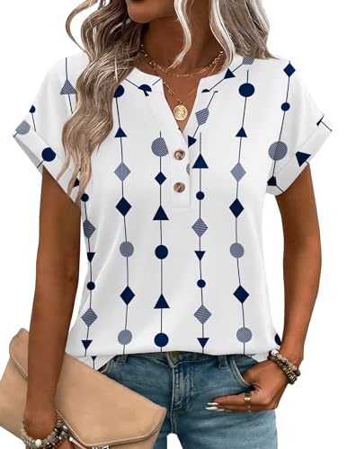 Zeagoo Shirts for Women Short Sleeve Beach Vacation Clothes 2026 Spring Tops Business Dressy Blouse Blue White