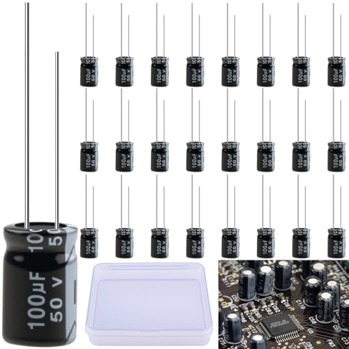 LongZYU 25 Piezas Condensador 100µf 50V Condensadores Electrolíticos Condensador Electrolítico de Aluminio Condensadores Electrolíticos Condensador 105°C con Caja de Almacenamiento, 8 x 12 mm