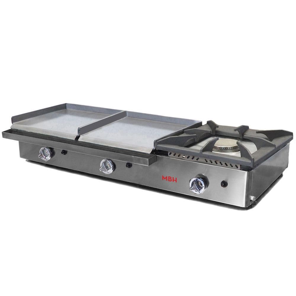 MBH - Plancha à gaz industrielle 400 x 400 + 400 x 400 mm avec foyer pour hôtellerie. Fry Top deux zones professionnelles en acier laminé pour bar et restaurant.
