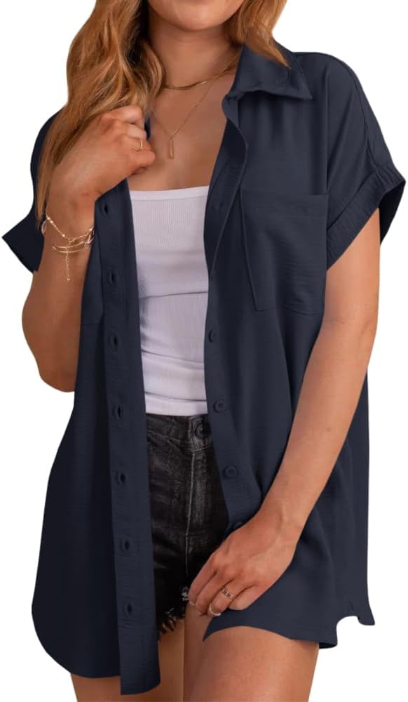 MaQiYa Womens Short Sleeve Button Down Shirts Casual Loose Fit Summer Shirt Blouses Tops with Pockets
