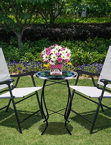 Vcuteka Outdoor Side Table Mosaic End Table Patio Side Table Small End Table Glass Top Round Balcony Coffee Table Porch Indoor Glass Top #TOP4