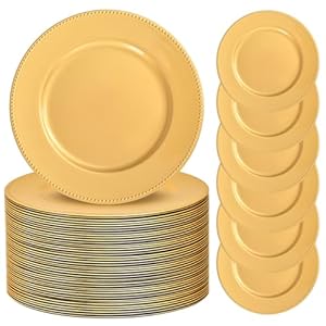50 Pack Charger Plates 13″ Plastic Round Charger Plates Dinner Plate With Beaded for Wedding Table Dinner Kitchen Catering Event Party Decoration (Gold)