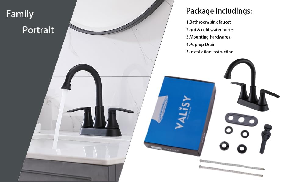 Miniatura 8 de VALZST049B - Grifo de lavabo de baño negro mate sin plomo, grifo central de 2 manijas de 4 pulgadas, moderno grifo giratorio de arco alto de 360